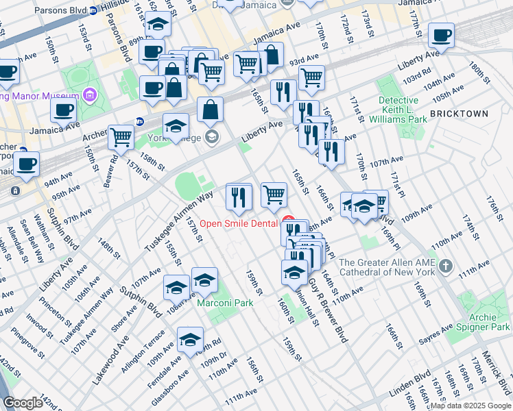 map of restaurants, bars, coffee shops, grocery stores, and more near 106-49 Union Hall Street in Queens
