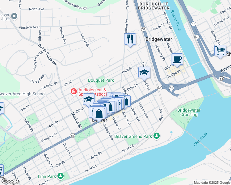 map of restaurants, bars, coffee shops, grocery stores, and more near 370 Beaver Street in Beaver
