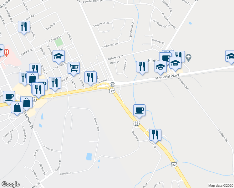 map of restaurants, bars, coffee shops, grocery stores, and more near 271 New Jersey 57 in Phillipsburg