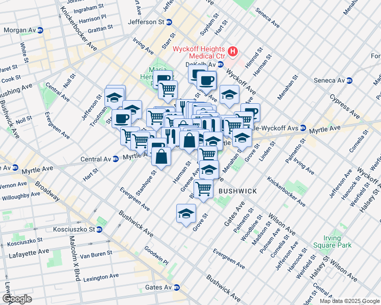 map of restaurants, bars, coffee shops, grocery stores, and more near 226 Wilson Avenue in Brooklyn