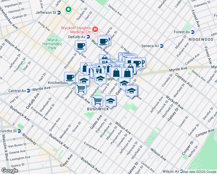 map of restaurants, bars, coffee shops, grocery stores, and more near 296 Grove Street in Brooklyn