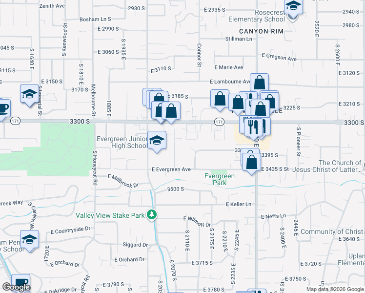 map of restaurants, bars, coffee shops, grocery stores, and more near 3351 South 2070 East in Salt Lake City