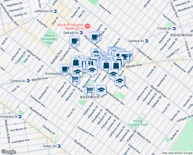 map of restaurants, bars, coffee shops, grocery stores, and more near 288 Grove Street in Brooklyn