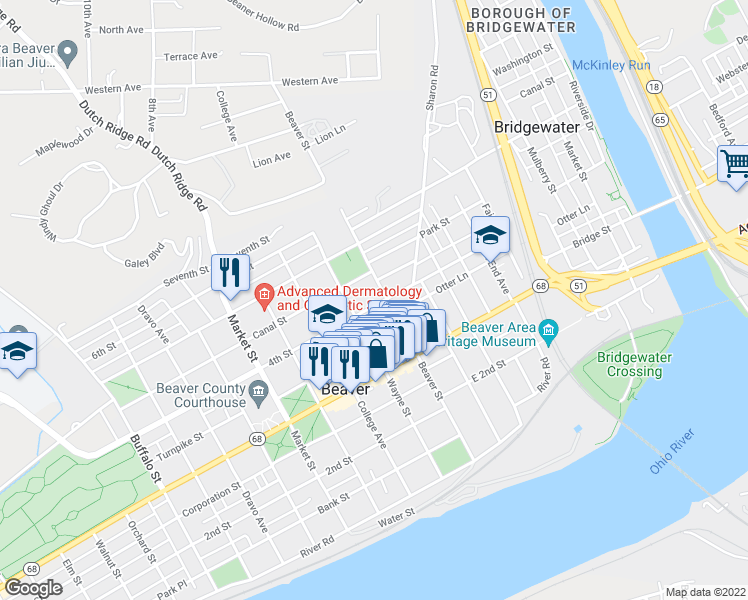 map of restaurants, bars, coffee shops, grocery stores, and more near 422 4th Street in Beaver