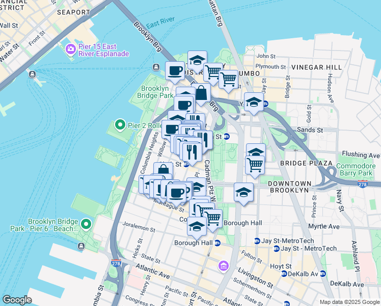 map of restaurants, bars, coffee shops, grocery stores, and more near 75 Pineapple Street in Brooklyn