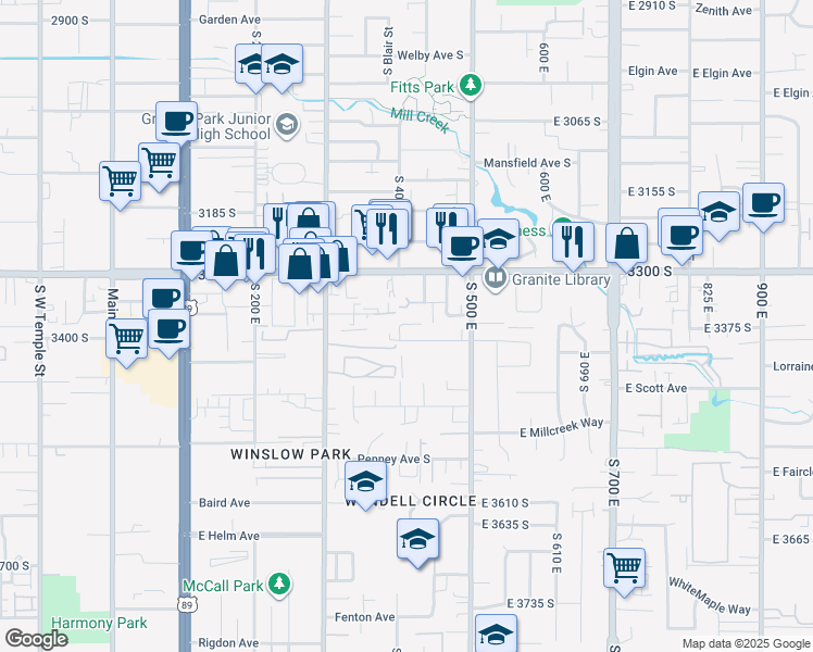 map of restaurants, bars, coffee shops, grocery stores, and more near 406 3335 South in South Salt Lake