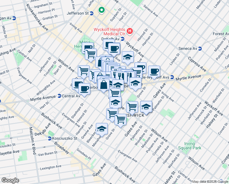 map of restaurants, bars, coffee shops, grocery stores, and more near 1285 Greene Avenue in Brooklyn