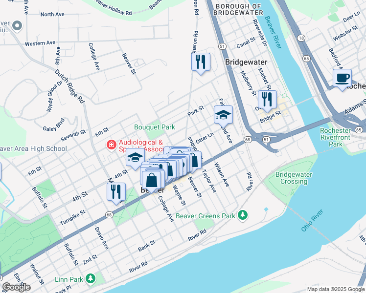 map of restaurants, bars, coffee shops, grocery stores, and more near 370 Beaver Street in Beaver