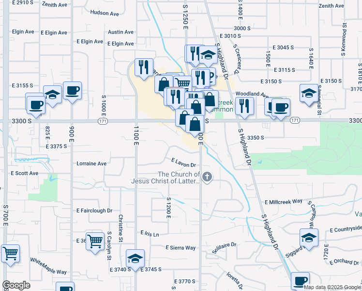 map of restaurants, bars, coffee shops, grocery stores, and more near 1231 East Ridgedale Lane in Salt Lake City