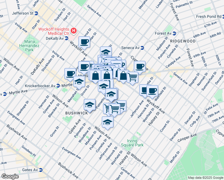 map of restaurants, bars, coffee shops, grocery stores, and more near 1625 Putnam Avenue in Queens