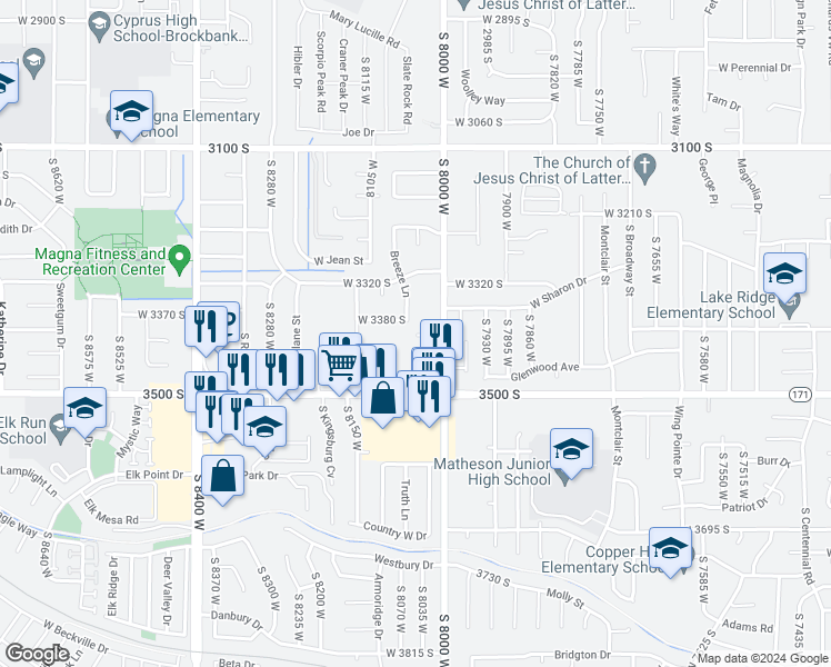 map of restaurants, bars, coffee shops, grocery stores, and more near 8048 Copperfield Place in Magna