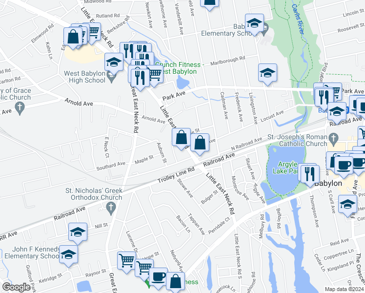 map of restaurants, bars, coffee shops, grocery stores, and more near 176 Little East Neck Road in West Babylon