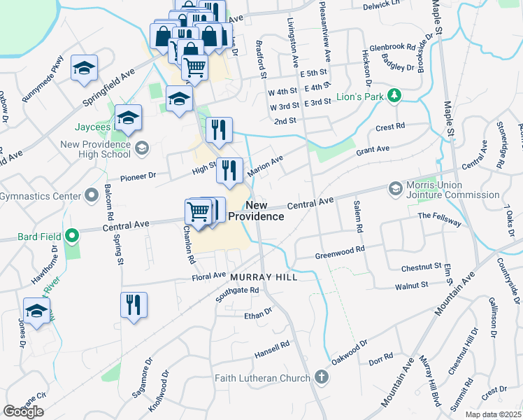 map of restaurants, bars, coffee shops, grocery stores, and more near 506 Central Avenue in New Providence