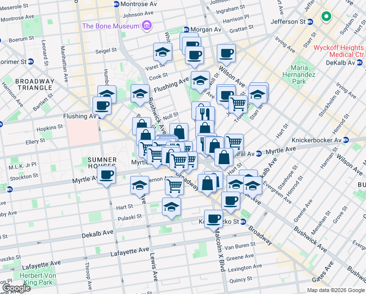 map of restaurants, bars, coffee shops, grocery stores, and more near Bushwick Avenue & Jefferson Street in Brooklyn