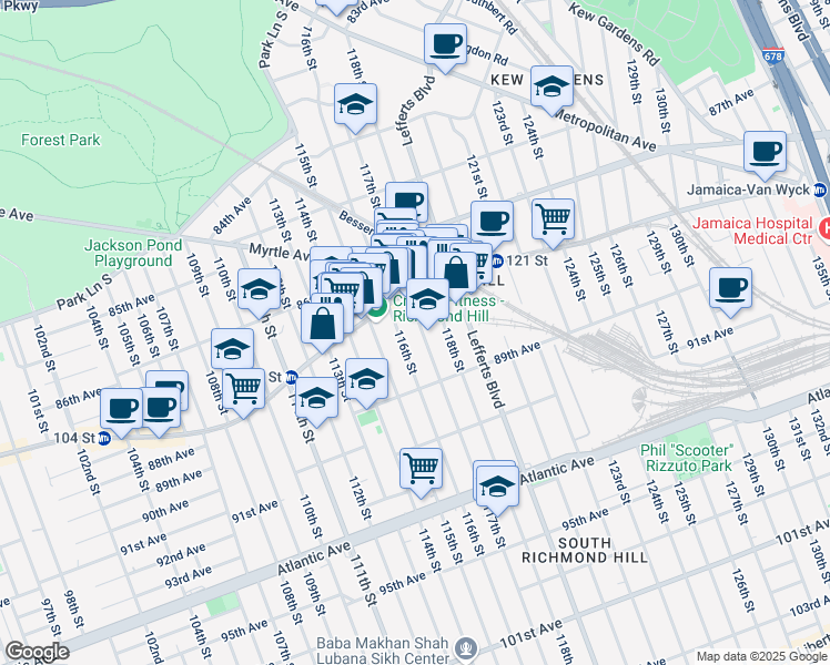map of restaurants, bars, coffee shops, grocery stores, and more near 87-38 116th Street in Queens