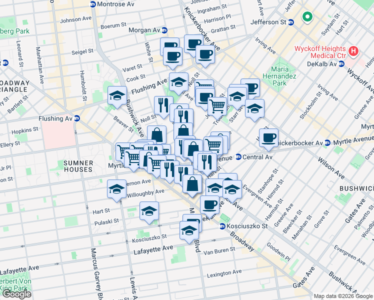 map of restaurants, bars, coffee shops, grocery stores, and more near 42 1/2 Troutman Street in Brooklyn