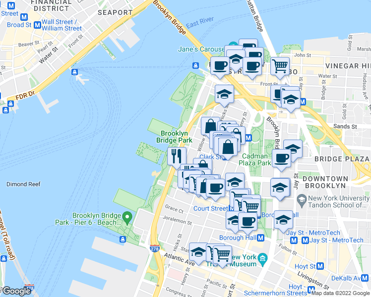 map of restaurants, bars, coffee shops, grocery stores, and more near 147 Columbia Heights in Brooklyn
