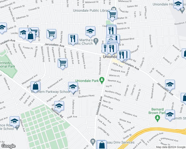 map of restaurants, bars, coffee shops, grocery stores, and more near 586 Macon Place in Uniondale