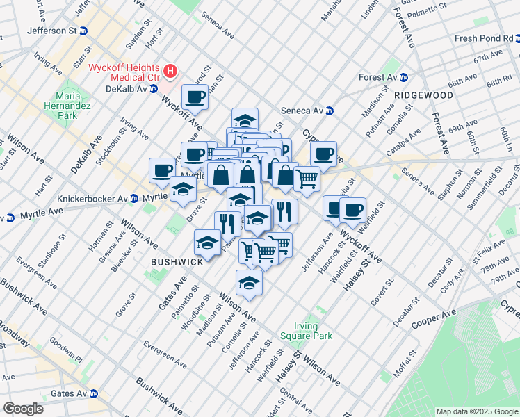 map of restaurants, bars, coffee shops, grocery stores, and more near 364 Palmetto Street in Brooklyn