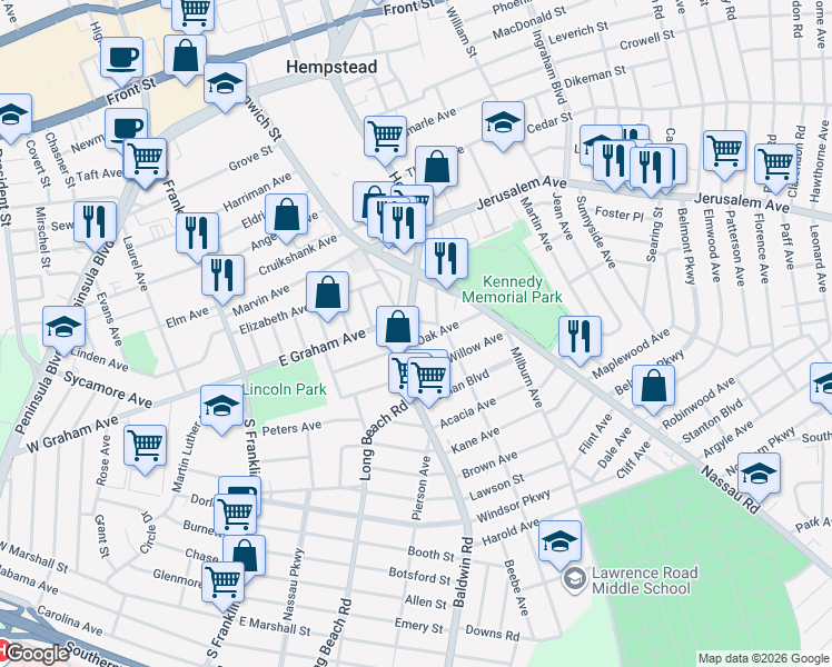 map of restaurants, bars, coffee shops, grocery stores, and more near 93 Oak Avenue in Hempstead