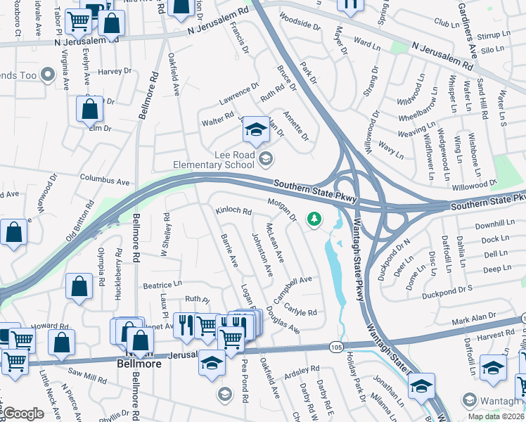 map of restaurants, bars, coffee shops, grocery stores, and more near 1000 McLean Avenue in Wantagh