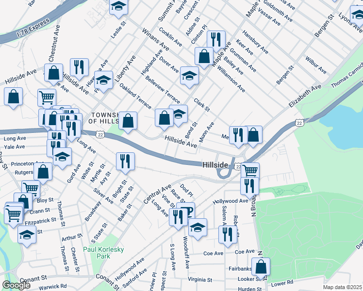 map of restaurants, bars, coffee shops, grocery stores, and more near 1386 Doremus Place in Hillside