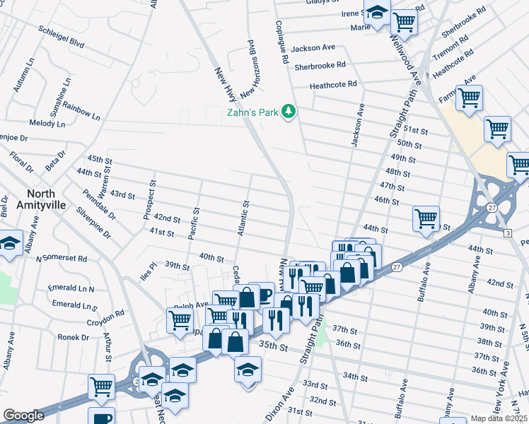 map of restaurants, bars, coffee shops, grocery stores, and more near 421 43rd Street in Copiague