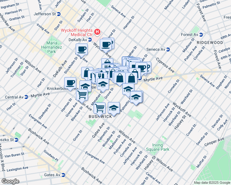 map of restaurants, bars, coffee shops, grocery stores, and more near 277 Linden Street in Brooklyn