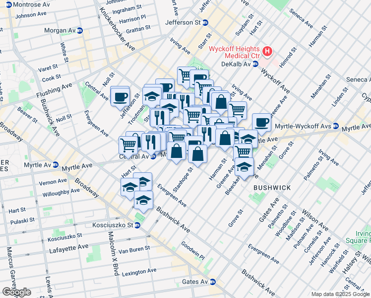 map of restaurants, bars, coffee shops, grocery stores, and more near 1296 Myrtle Avenue in Brooklyn