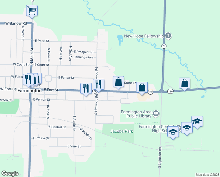 map of restaurants, bars, coffee shops, grocery stores, and more near 712-716 E Fort St in Farmington