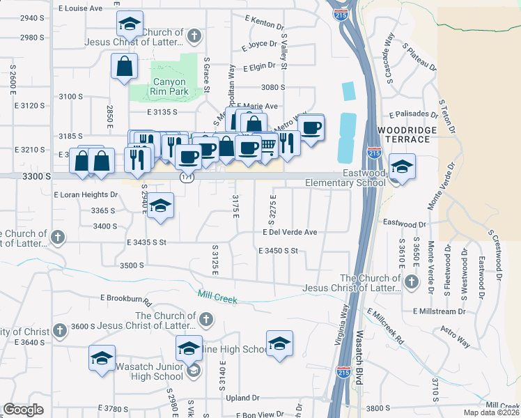 map of restaurants, bars, coffee shops, grocery stores, and more near 3380 South Terrace View Drive in Salt Lake City