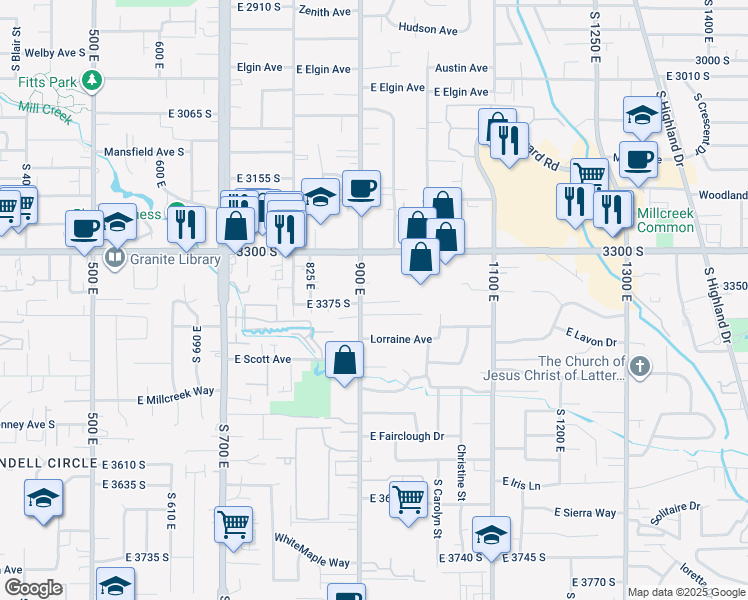 map of restaurants, bars, coffee shops, grocery stores, and more near 3381 900 East in Millcreek