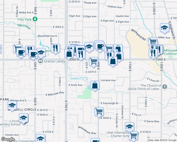 map of restaurants, bars, coffee shops, grocery stores, and more near 850 East 3375 South in Millcreek