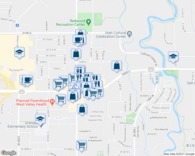 map of restaurants, bars, coffee shops, grocery stores, and more near 2222 3400 South in West Valley City