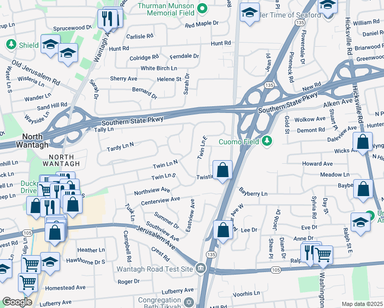 map of restaurants, bars, coffee shops, grocery stores, and more near 266 Twin Lane East in Wantagh