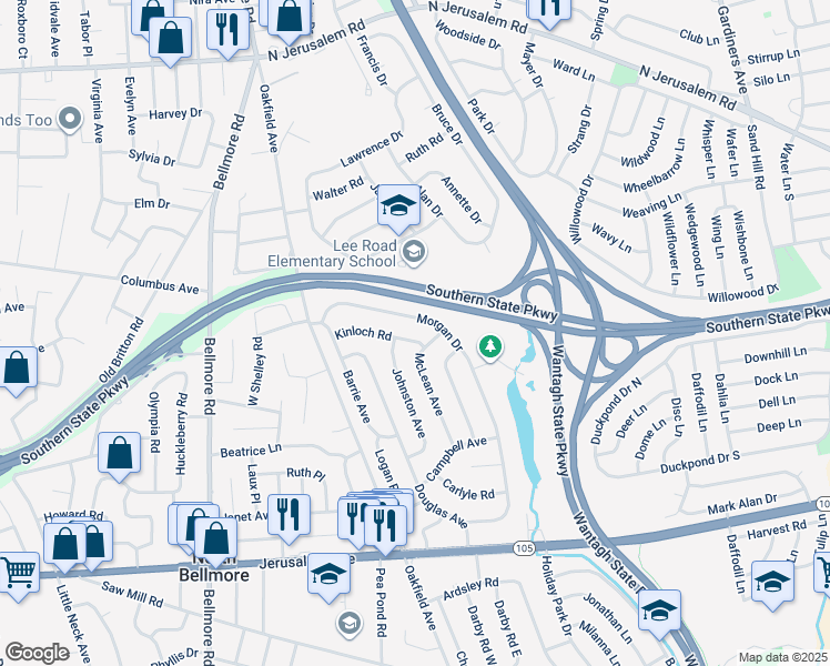 map of restaurants, bars, coffee shops, grocery stores, and more near 1000 McLean Avenue in Wantagh