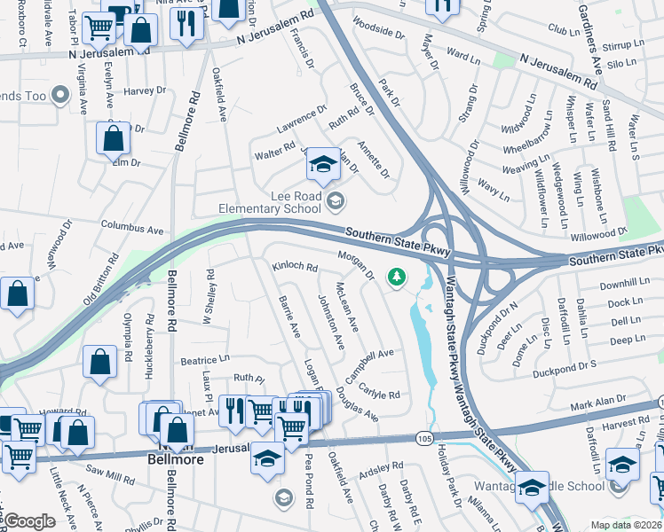map of restaurants, bars, coffee shops, grocery stores, and more near 1000 McLean Avenue in Wantagh