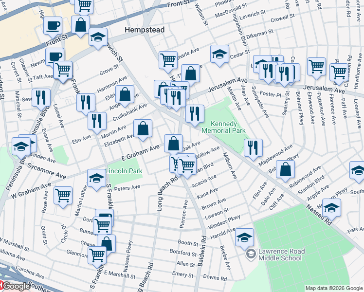 map of restaurants, bars, coffee shops, grocery stores, and more near 93 Oak Avenue in Hempstead