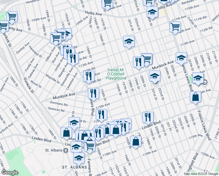 map of restaurants, bars, coffee shops, grocery stores, and more near 13 114th Road in Queens