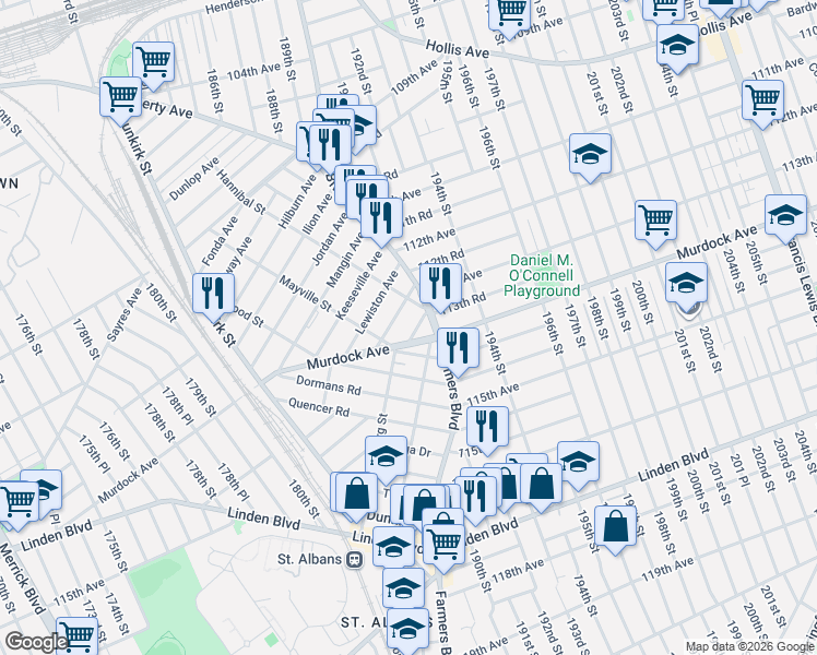 map of restaurants, bars, coffee shops, grocery stores, and more near 189-02 113th Avenue in Queens