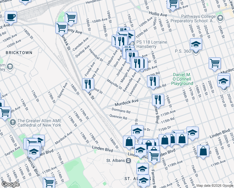 map of restaurants, bars, coffee shops, grocery stores, and more near 187-15 Keeseville Avenue in Queens