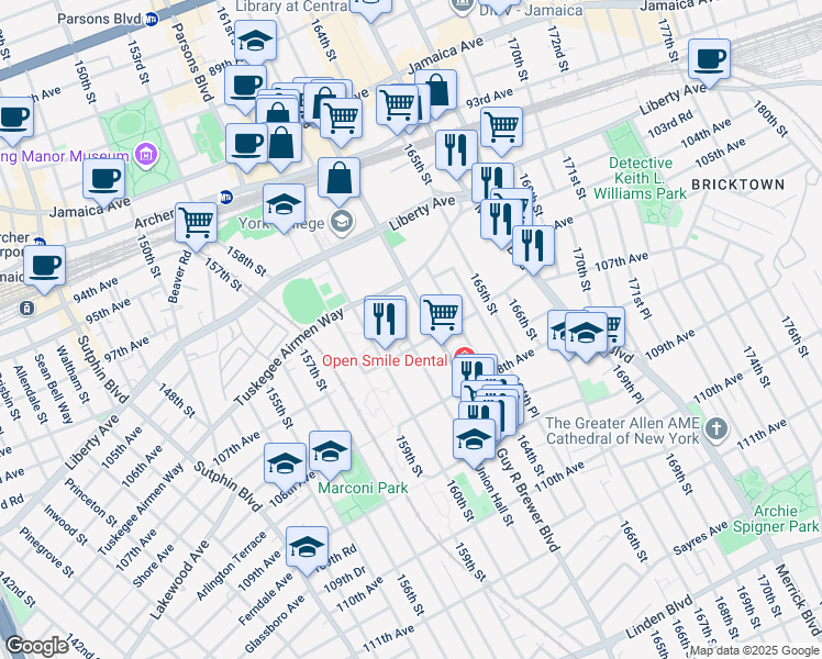 map of restaurants, bars, coffee shops, grocery stores, and more near 106-44 Union Hall Street in Queens