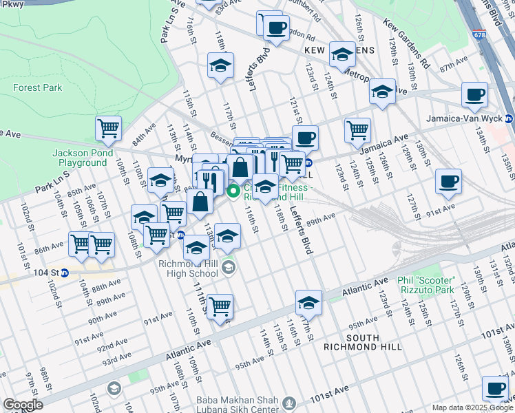 map of restaurants, bars, coffee shops, grocery stores, and more near 87-38 116th Street in Queens