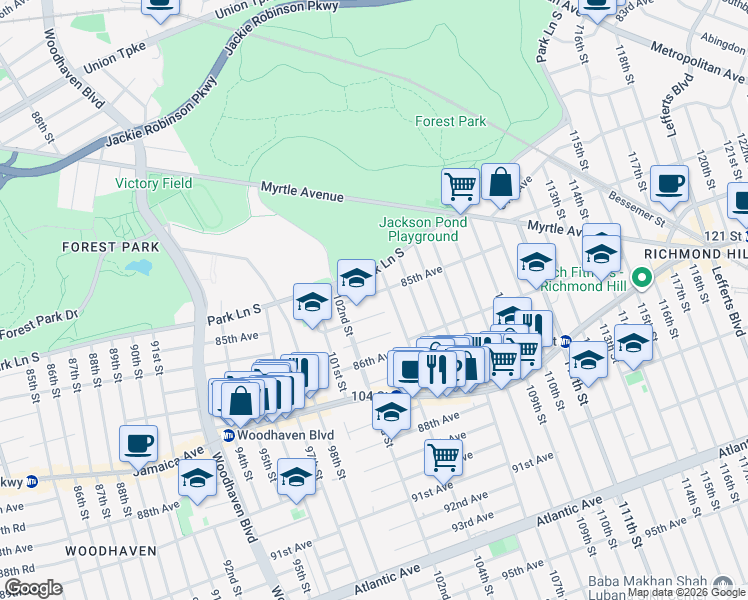 map of restaurants, bars, coffee shops, grocery stores, and more near 102-39 85th Road in Queens