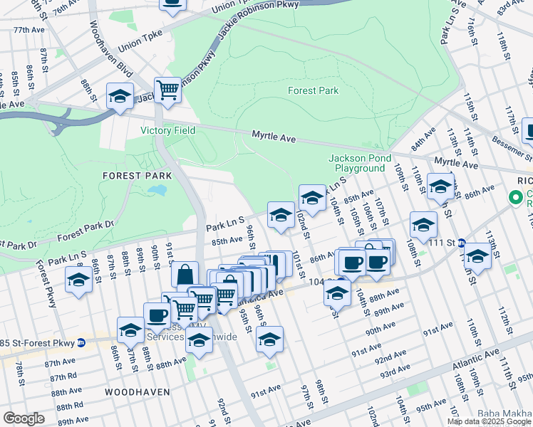 map of restaurants, bars, coffee shops, grocery stores, and more near 98 Stuart Lane in Queens