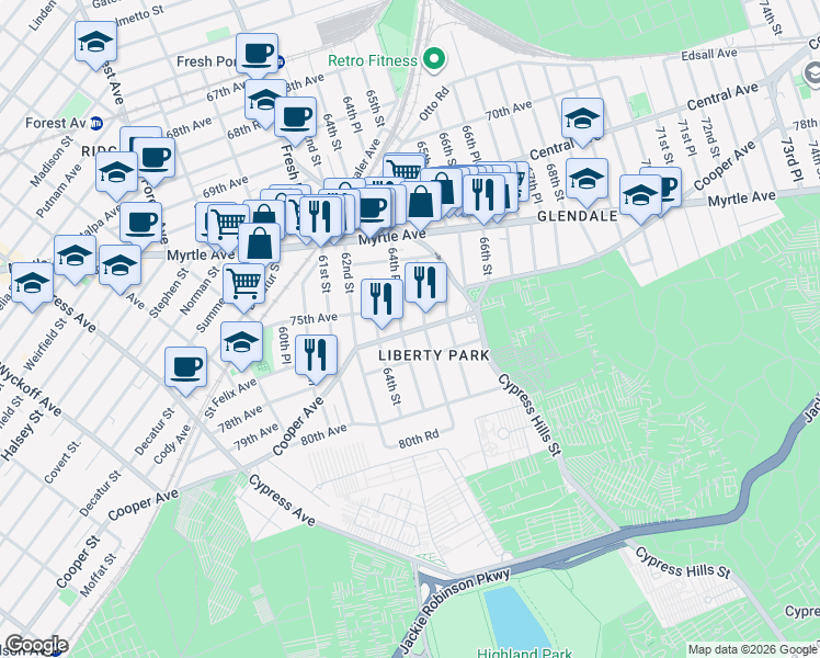 map of restaurants, bars, coffee shops, grocery stores, and more near 64-16 Cooper Avenue in Queens
