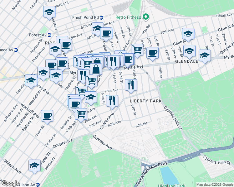 map of restaurants, bars, coffee shops, grocery stores, and more near in Queens