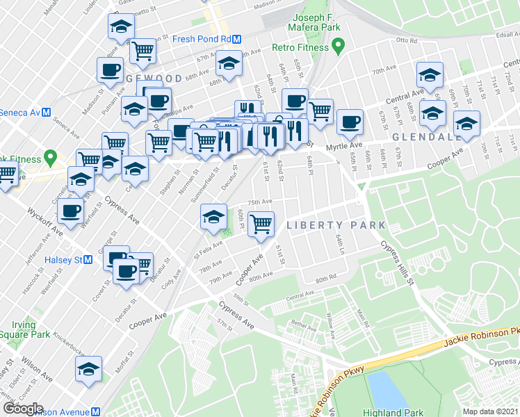 map of restaurants, bars, coffee shops, grocery stores, and more near in Queens