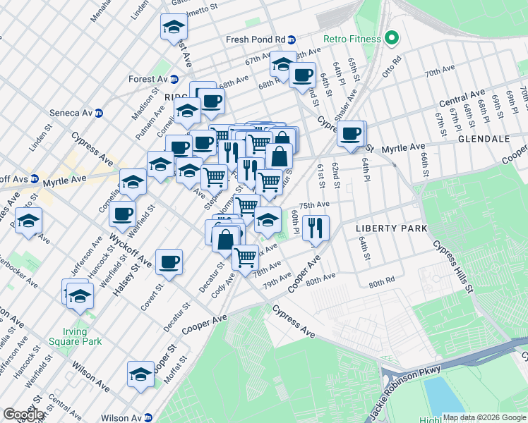 map of restaurants, bars, coffee shops, grocery stores, and more near 18-32 Decatur Street in Queens