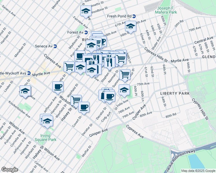 map of restaurants, bars, coffee shops, grocery stores, and more near 17-33 Norman Street in Queens